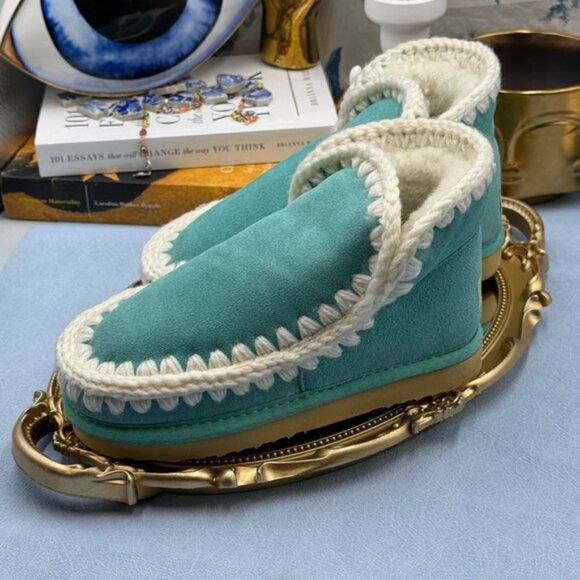 🆕 MOU 🧿 NWT WOB Teal Eskimo Ankle Boot, Cream Crochet Overstitch, Sz EU 35 - Picture 6 of 13